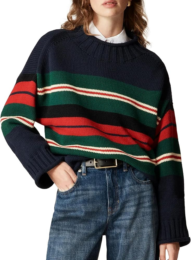 Oversized Sweaters for Women Roll High Neck Hem Long Sleeve Soft Chunky Cable Knit Striped Pullov... | Amazon (US)