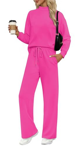 WIHOLL Women's 2 Piece Outfits Hot Pink XL Casual Loungewear Matching Sets Active Tracksuits Mock Neck Long Sleeve Tops Wide Leg Pants | Amazon (US)