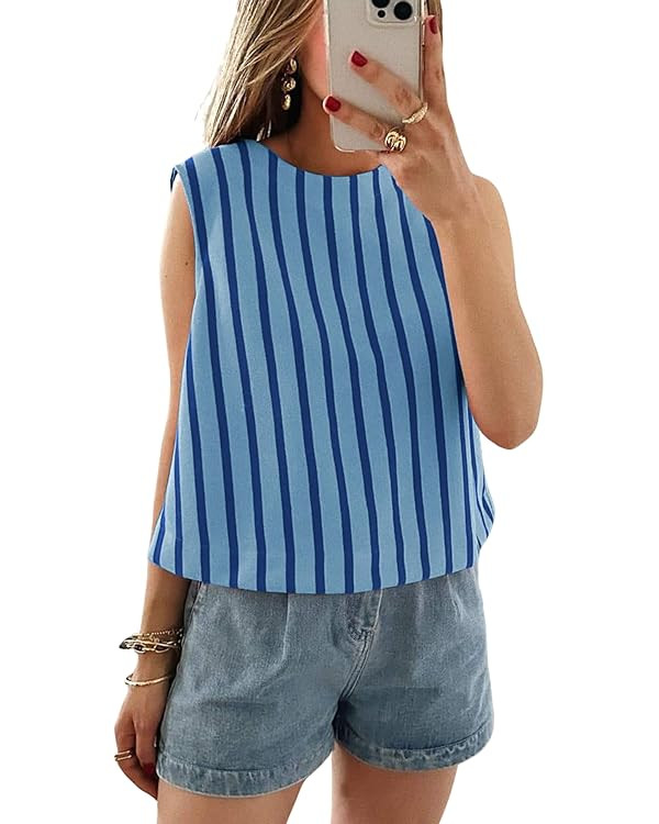 Xiaoxuemeng Womens Striped Top Sleeveless Cotton Tank Top Crewneck Casual Summer Vests | Amazon (US)