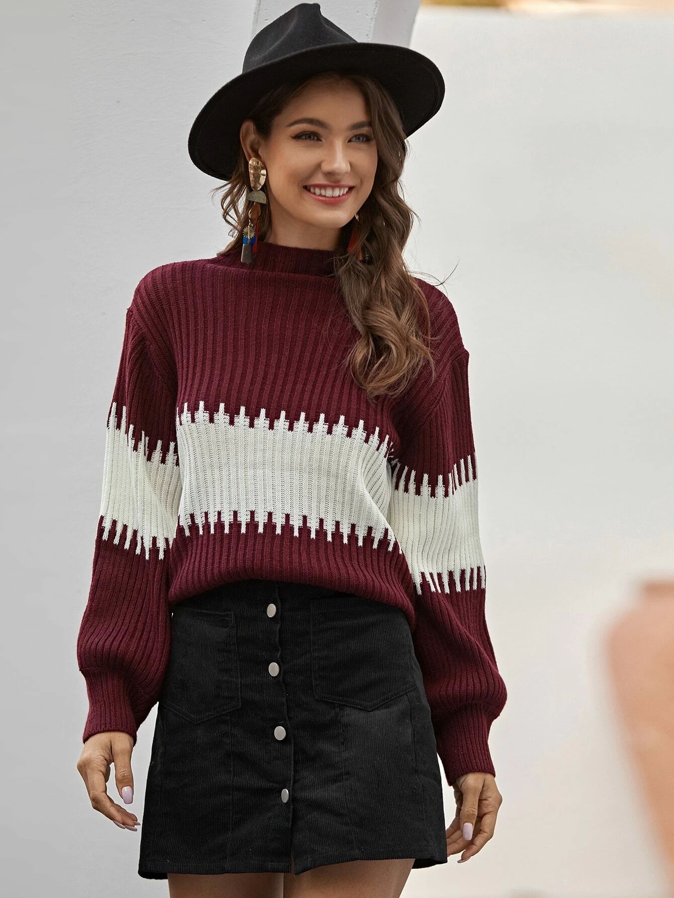 Colorblock Rib-Knit Funnel Neck Drop Shoulder Sweater | SHEIN