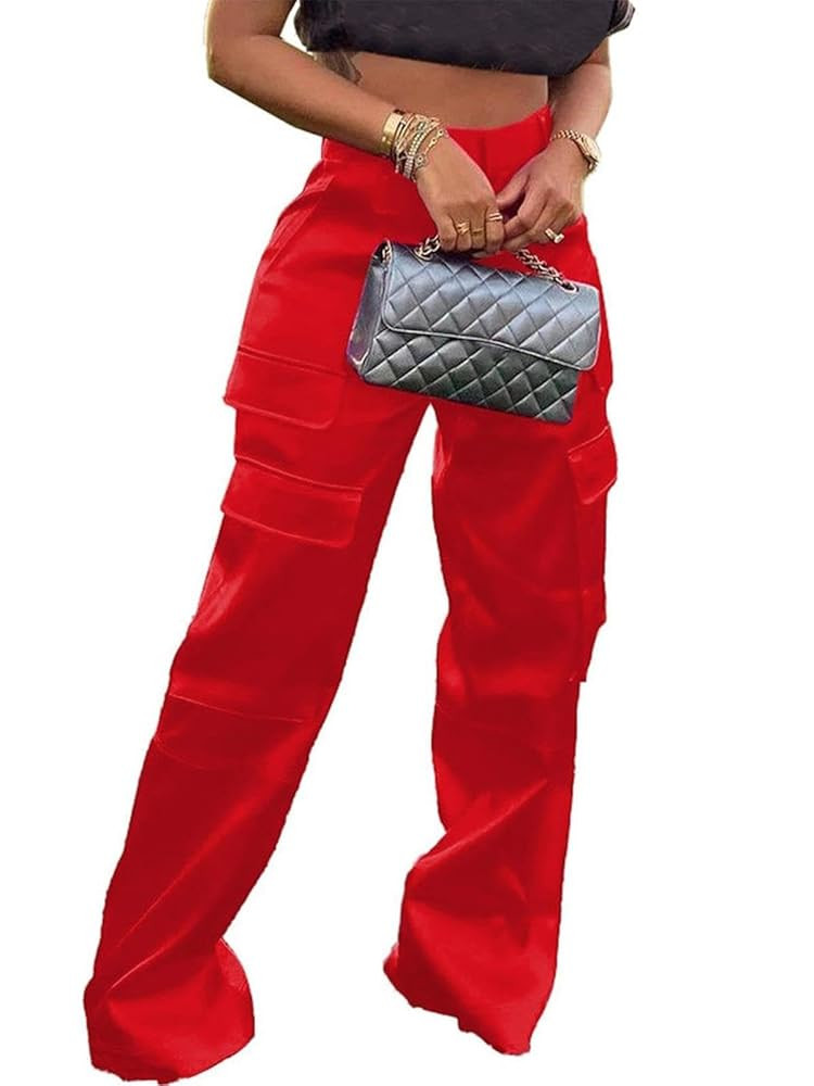 Satin Cargo Pants for Women High Waisted Wide Leg Silky Dressy Club Outfits with Pockets Casual S... | Amazon (US)