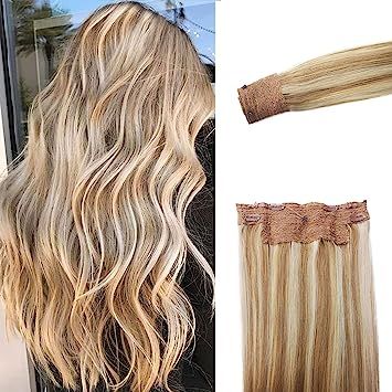Human Hair Halo Extensions Blonde Ombre Highlights Real Human Hair Extensions Golden Blonde with ... | Amazon (US)