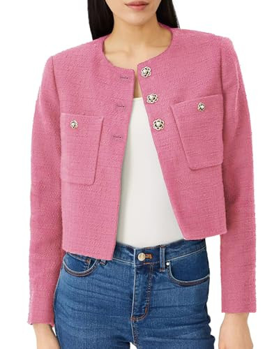 Women's Cropped Tweed Blazer Jacket Collarless Long Sleeve Button Down Work Office Jacket Casual Elegant Outfits Pink | Amazon (US)