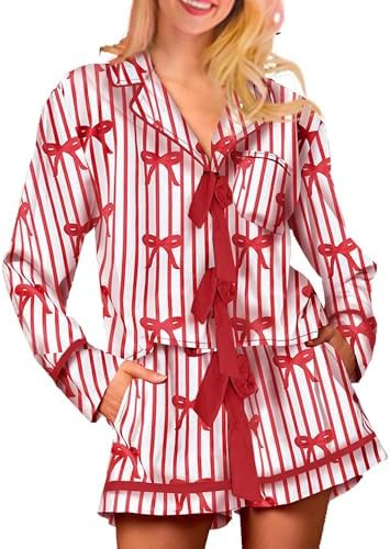 Alyweatry Women Christmas 2 Piece Pajama Set Cute Print Long Sleeve Button Down Shirt Elastic Sho... | Amazon (US)
