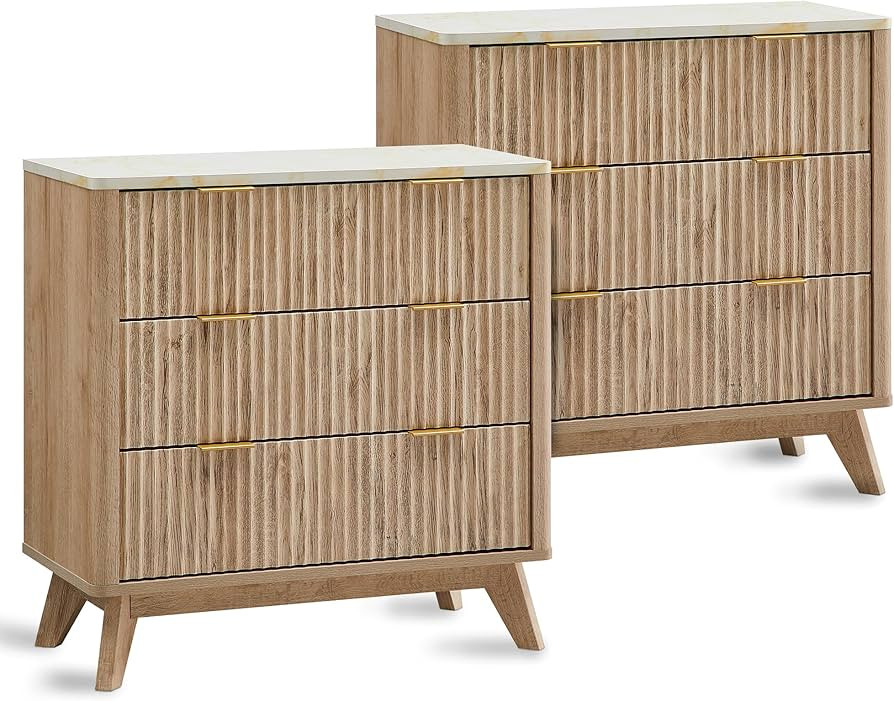 T4TREAM Fluted 3 Drawers Nightstand Set of 2, Oversized Extra Large Modern Side Table with Faux M... | Amazon (US)