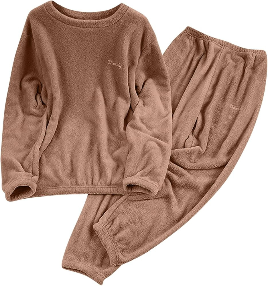 Women's Winter Fleece Pajama Set Thick Thermal Sleepwear Soft Warm Loose Fit Top & Pants with Poc... | Amazon (US)