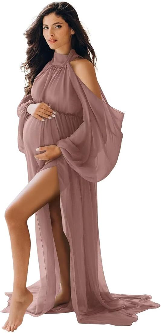 Maxianever Maternity Dress for Photoshoot Long Puffy Sleeve Chiffon Robe Pregnancy Gown Photograp... | Amazon (US)