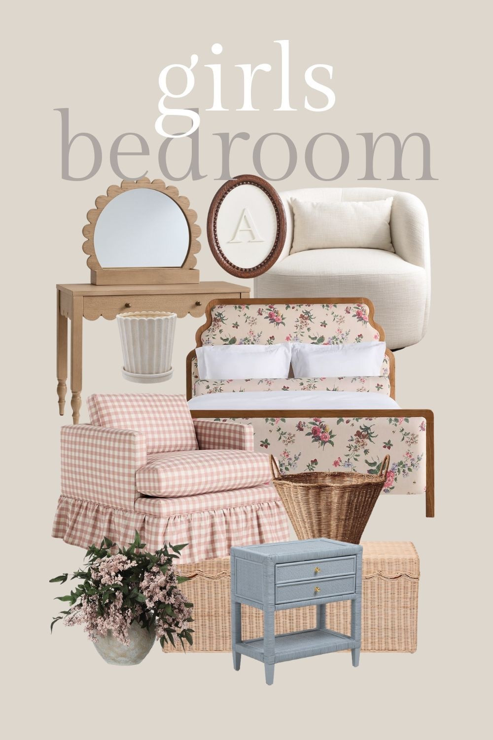 Girl’s bedroom finds I’m
loving. Floral upholstered bed. Nightstand. Gingham chair. Vanity. Girls wall arts. Kids bedroom storage. Scalloped basket. 

#LTKHome #LTKKids