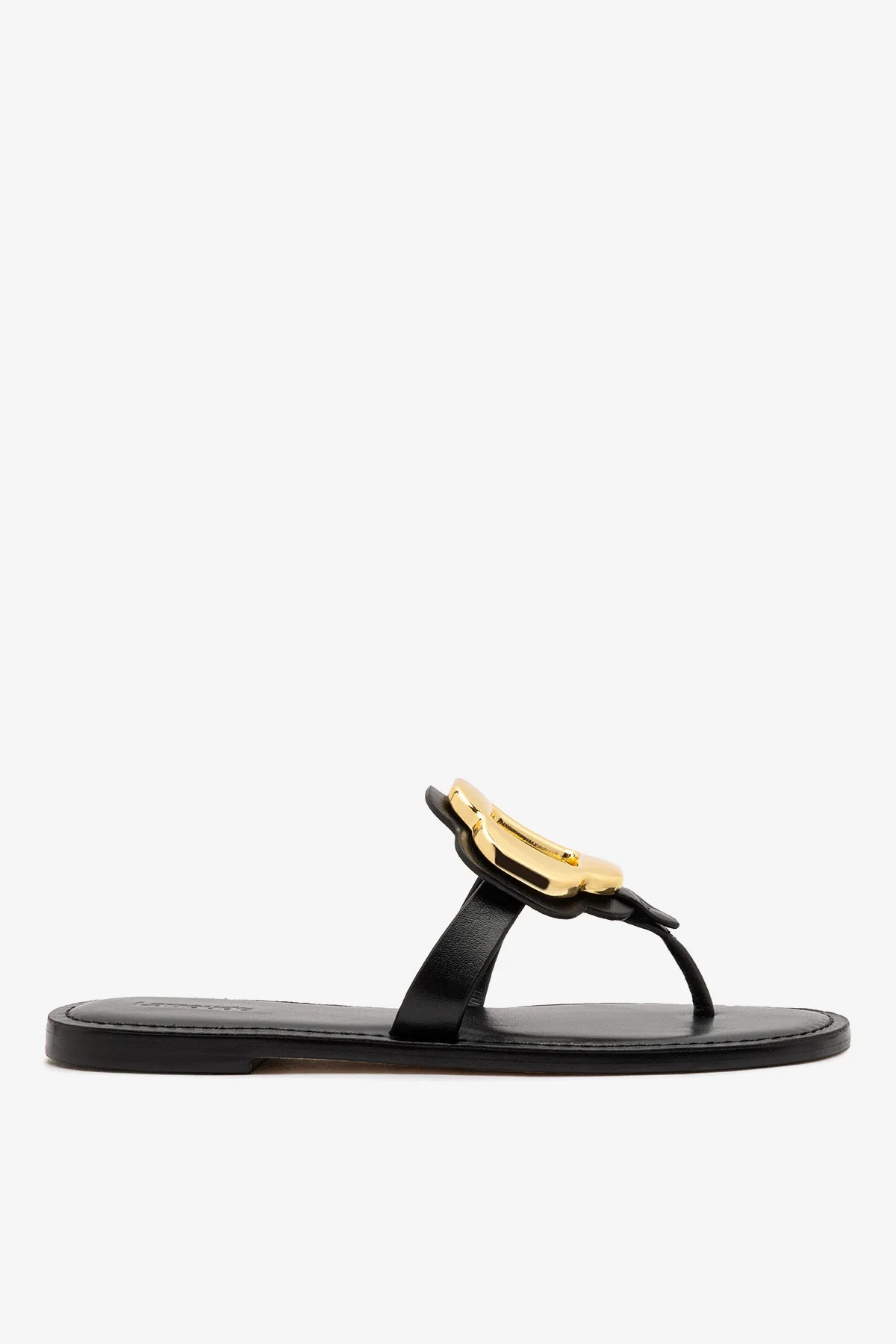 Margherita Thong Sandal in Black Leather and Gold Hardware | Larroude