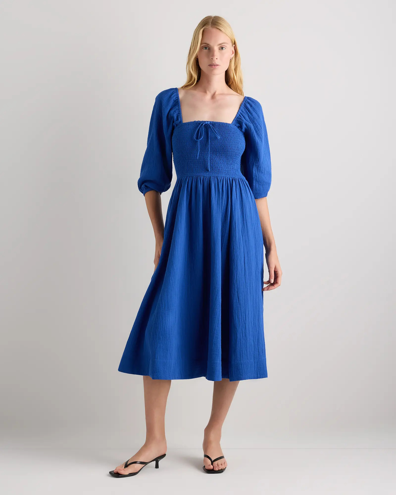 100% Organic Cotton Gauze Smocked Square Neck Midi Dress | Quince