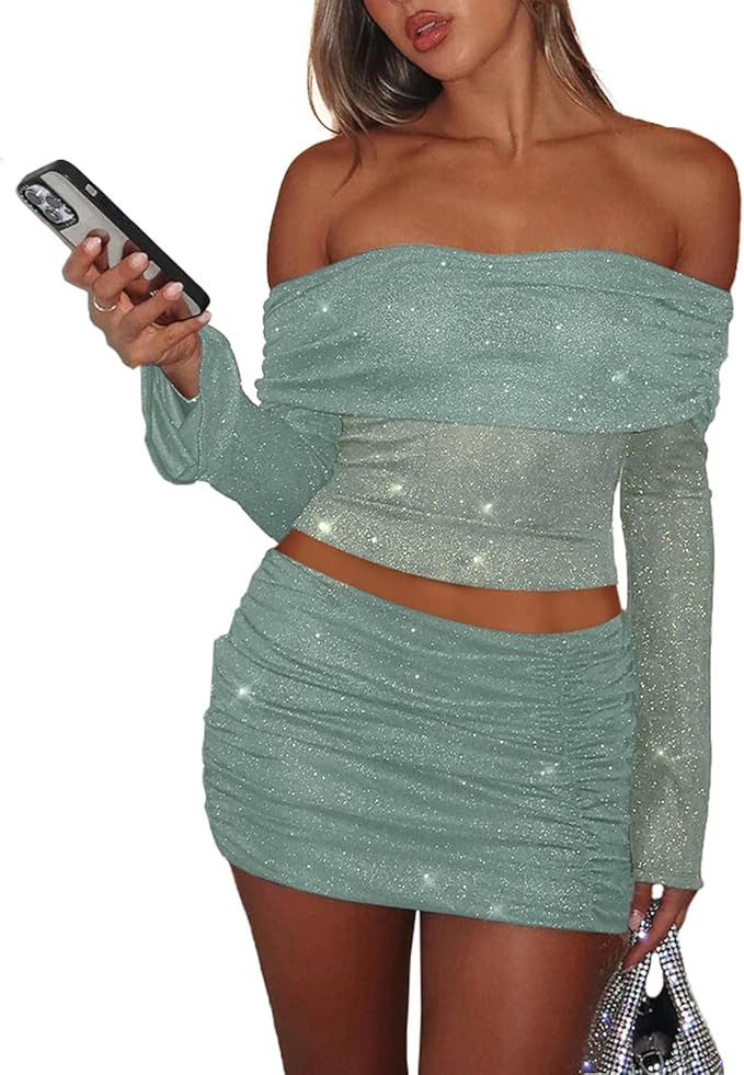 Womens Sexy Two Piece Outfits Mesh Off Shoulder Y2K Going Out Crop Top Bodycon Skirt Sets Long Sl... | Amazon (US)