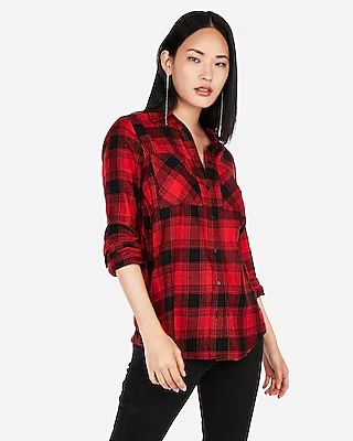 Red Plaid Flannel Two-pocket Boyfriend Shirt | Express