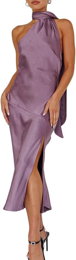 Sexy Satin Backless Halter Wedding Guest Dresses for Women Sleeveless Elegant Cowl Back Slit Midi... | Amazon (US)