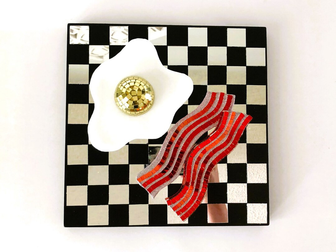Disco Eggs and Bacon Checkered Funky Food Decor 3D Maximalist Breakfast Pop Art - Etsy | Etsy (US)