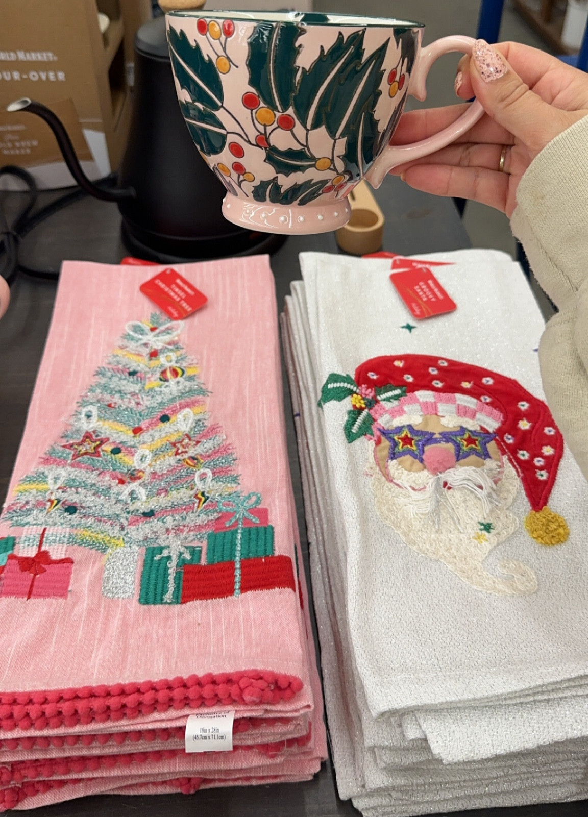 Pink and Green Holly Hand Painted Ceramic Mug. Pink Tinsel Christmas Tree Embroidered Kitchen Towel, silver groovy Santa kitchen towel .

#LTKHome #LTKHoliday #LTKSeasonal