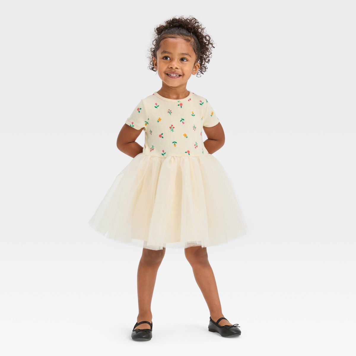 Toddler Girls' Floral Short Sleeve Knit Tulle Dress - Cat & Jack™ Off-White | Target