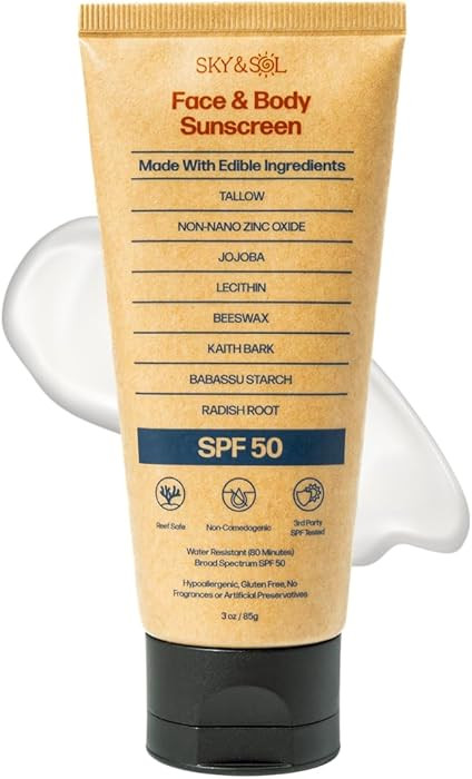 Sky and Sol Mineral Sunscreen SPF 50 | With Grass-Fed Tallow & Zinc Oxide | Non-Greasy Formula fo... | Amazon (US)