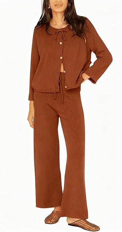 Women’s Knit Lounge Set Button Cardigan Top Wide Leg Pants Relaxed Fit Fall Winter Outfit | Amazon (US)