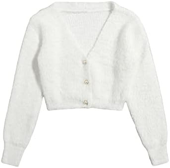 GORGLITTER Women's Chunky Fuzzy Crop Sweater Cardigan Pearl Button Down Long Sleeve Open Front Sh... | Amazon (US)