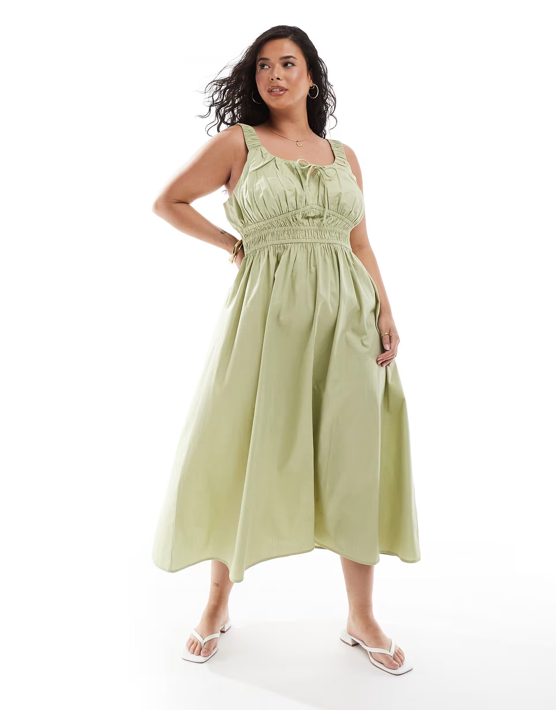 ASOS DESIGN Curve wide strap channel waist midi sundress in sage | ASOS (Global)