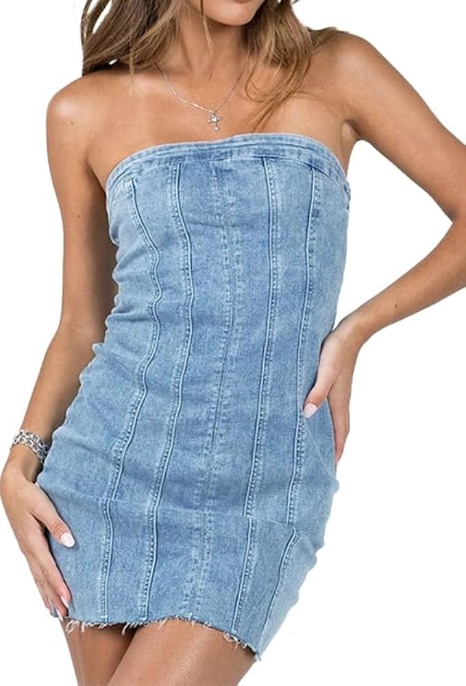 Denim Mini Dress Jean Dresses for Women 2024 Casual Summer Strapless Dress Sexy Tube Denim Dress ... | Amazon (US)