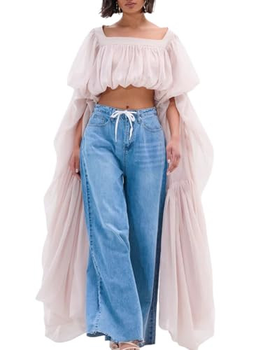 Bubble Crop Top for Women Trendy Square Neck Chiffon Ruffled Puff Sleeve Weekends Vacation Going ... | Amazon (US)