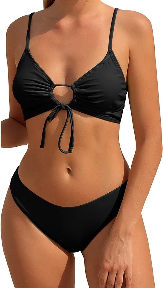 Bikini Set for Women Two Piece Swimsuits High Waisted Cut Out Tie Front Cheeky Crisscross Halter ... | Amazon (US)