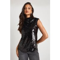 boohoo Women's Sequin High Neck Ruched Top in Black | Size: 2 | Denim | boohoo (US & Canada)