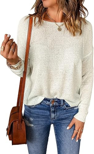 Acelitt Womens Casual Lightweight Long Sleeve Crewneck Drop Shoulder Knit Shirts Tops, S-XXL | Amazon (US)