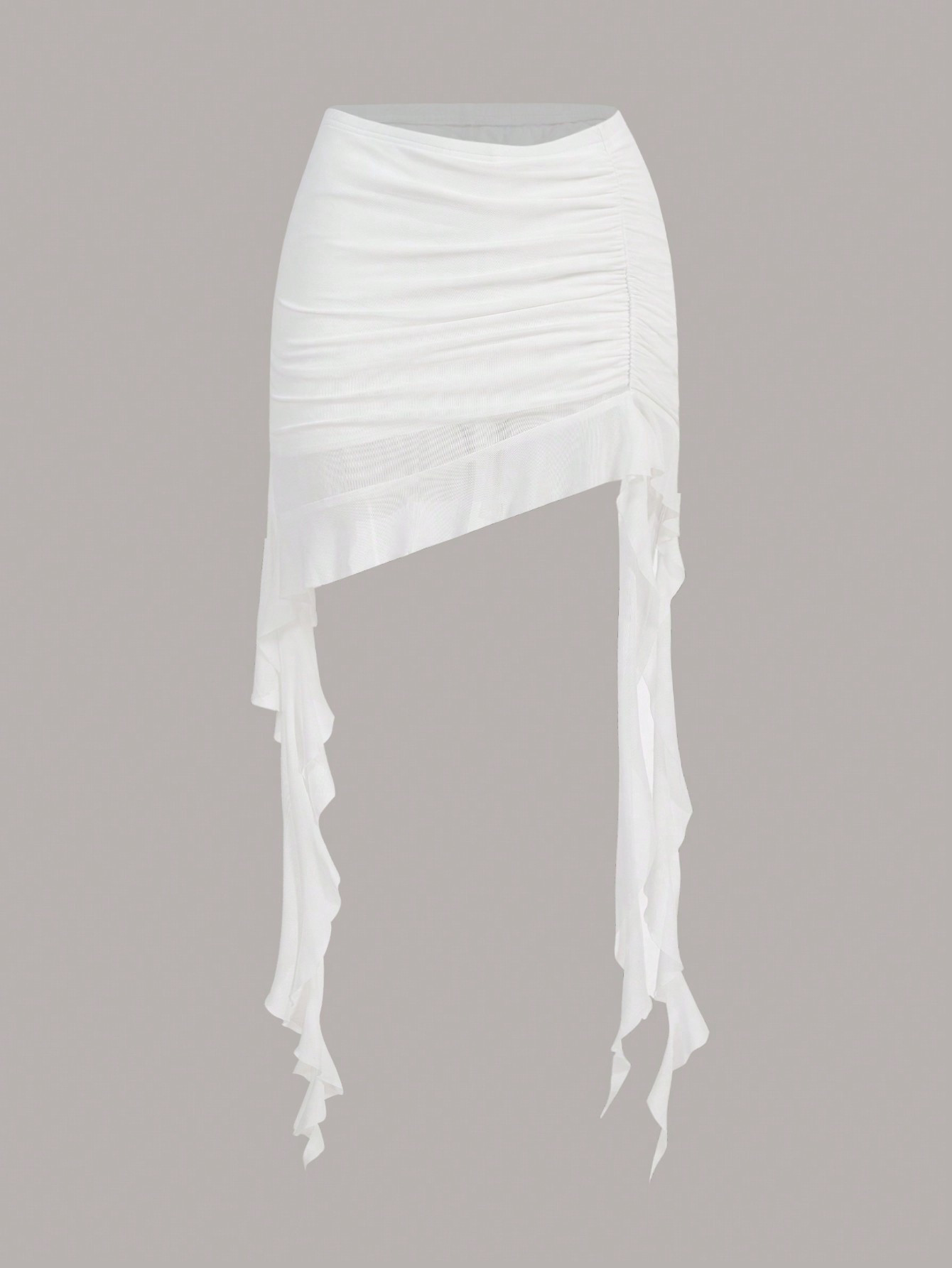 SHEIN X Virginia & ZeFelipe Summer White Solid Asymmetrical Ruched Ruffle Hem Skirt | SHEIN