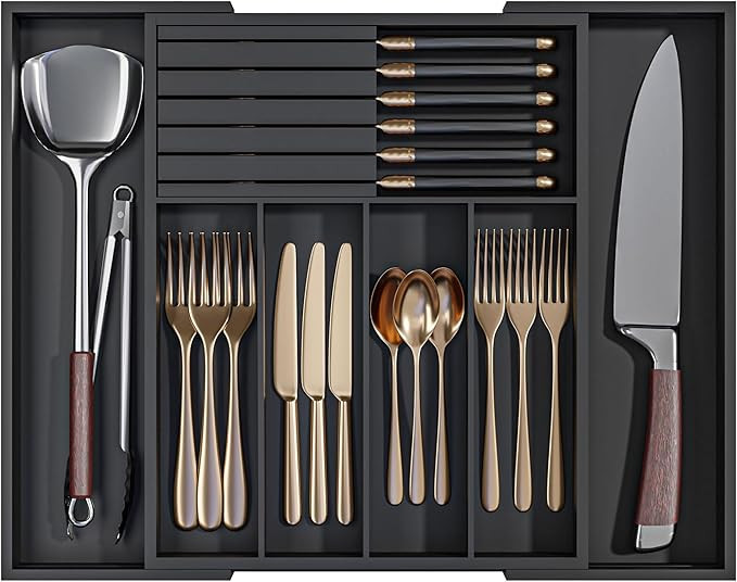 Utensil Organizer Silverware Tray for Drawer - Bamboo Knife Drawer Organizer Expandable Cutlery O... | Amazon (US)