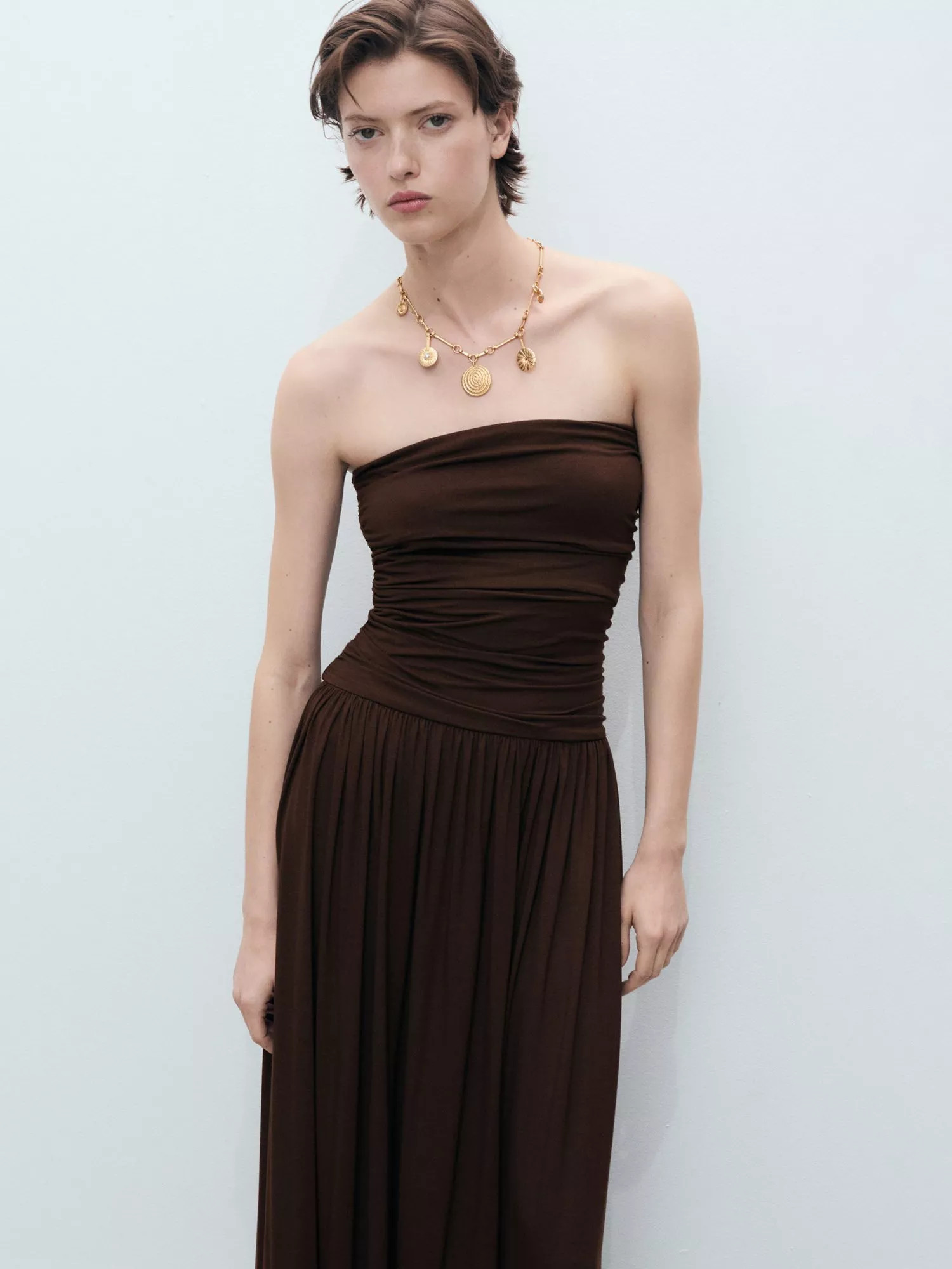 Mango Owl Ruched Bandeau Neck Dress | John Lewis (UK)