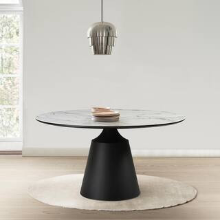 Knox Round Black Stone Top 55 in. Pedestal Leg Dining Table Seats 6 | The Home Depot