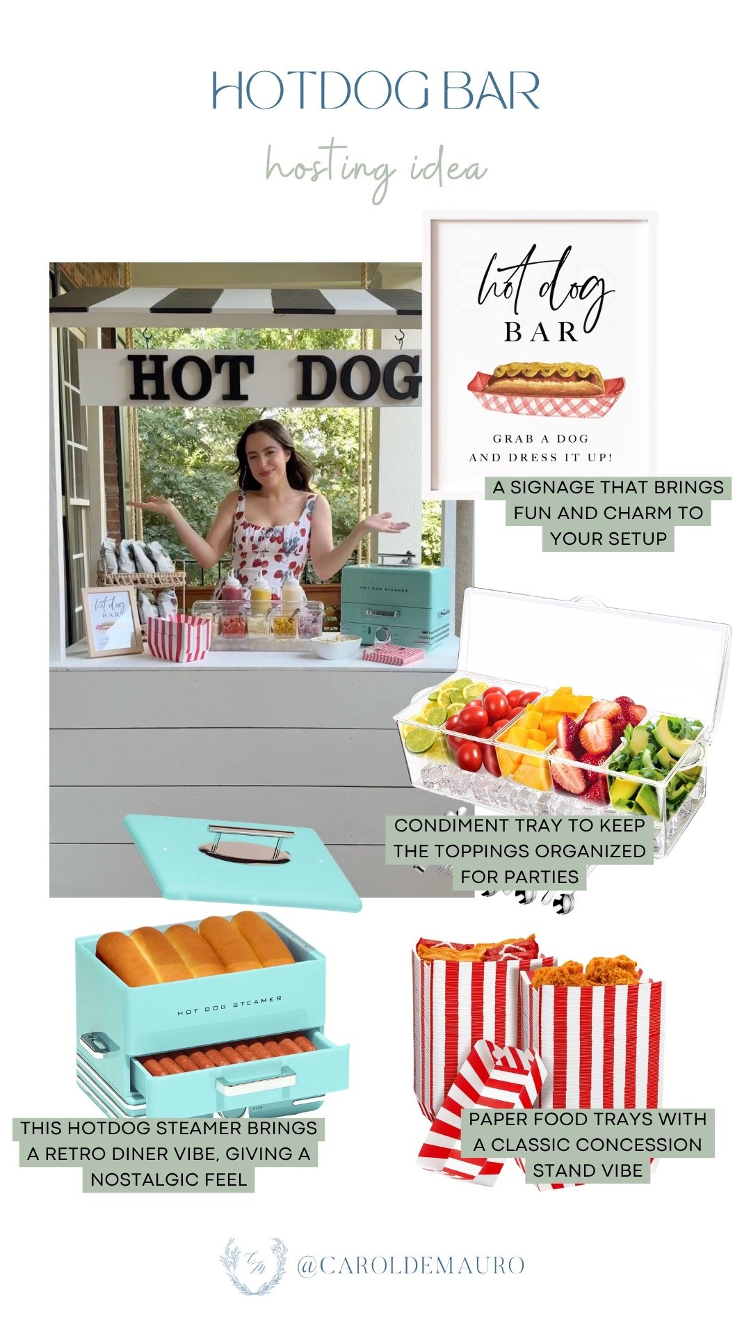 This backyard hotdog bar setup is so fun and surprisingly easy to pull off. Linked the signage, retro hotdog steamer, acrylic condiment tray, and striped paper food trays and everything else you need to recreate it.

backyard party, summer entertaining, outdoor party ideas, hosting ideas, backyard bbq, party food setup

#LTKHome #LTKfoodie