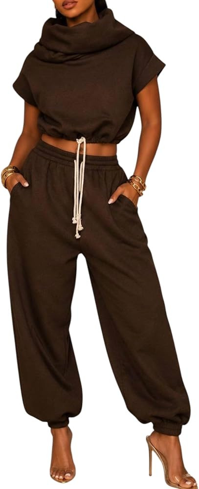 Casual 2 Pieces Hooded Crop Top and Sweatpants Set | Amazon (US)