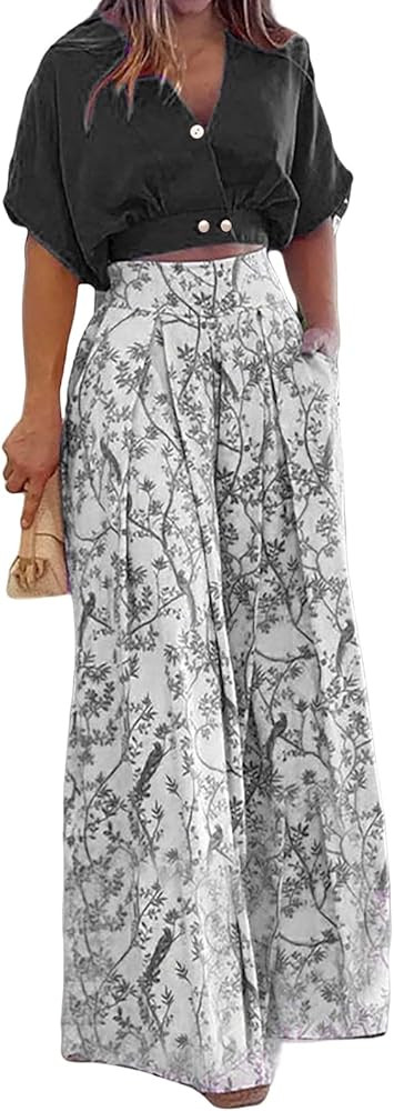 Pants Sets Women 2 Piece Outfits Dressy Casual Floral Two Piece Sets for Women High Waist Wide Le... | Amazon (US)