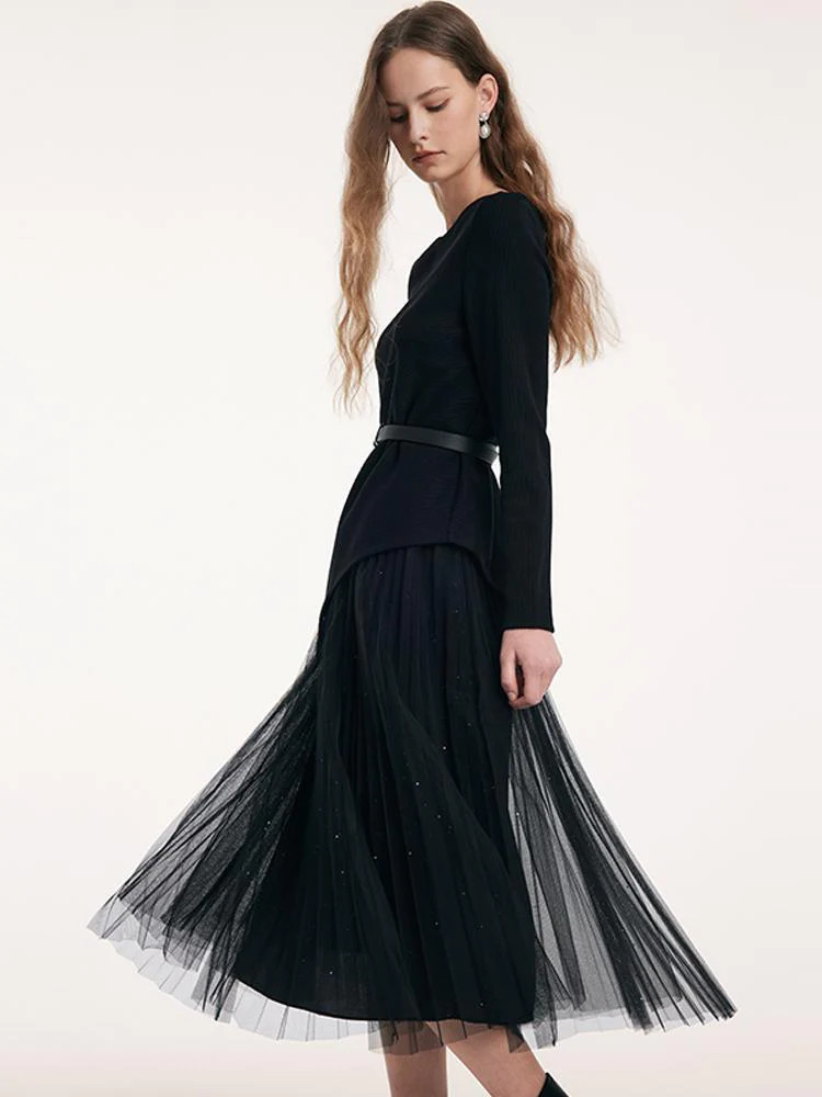 Asymmetrical Hem Top And Tulle Women Skirt With Belt Two-Piece Set | GOELIA