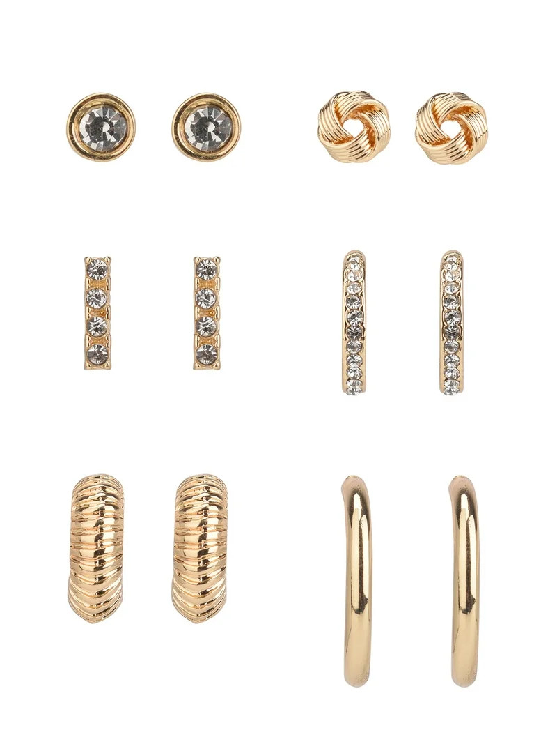 Time and Tru Adult Women's Gold Tone 6 Pair Stud and Hoop Crystal Metal Earring Set - Walmart.com | Walmart (US)