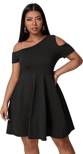 Floerns Women's Plus Size Asymmetrical Neck Cut Out Short Sleeve A Line Dress | Amazon (US)