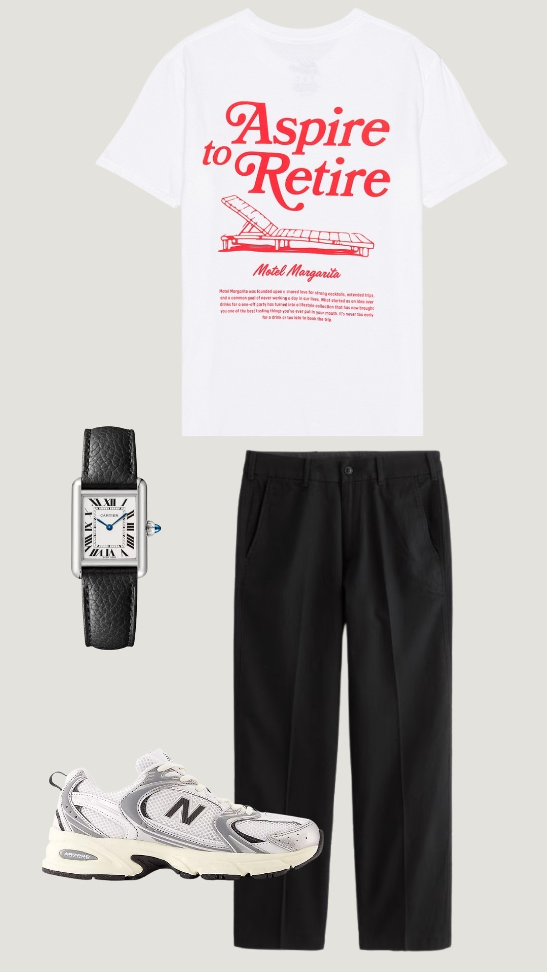 Graphic tee + tailored trousers + 530s is the formula right now. The Motel Margarita tee brings the personality, the Cartier Tank brings the flex. Everything's linked — including some budget-friendly alternatives. 🤍

#mensfashion #ootdmen #graphictee #newbalance530 #newbalancemen #cartiertank #streetstylemen #menscasualwear #guystyle #mensstyleinspo #casualcool #sneakerstyle #outfitgoals #mensfashionblogger #ltkcreator

#LTKdayinmylife #LTKFestival #LTKMens