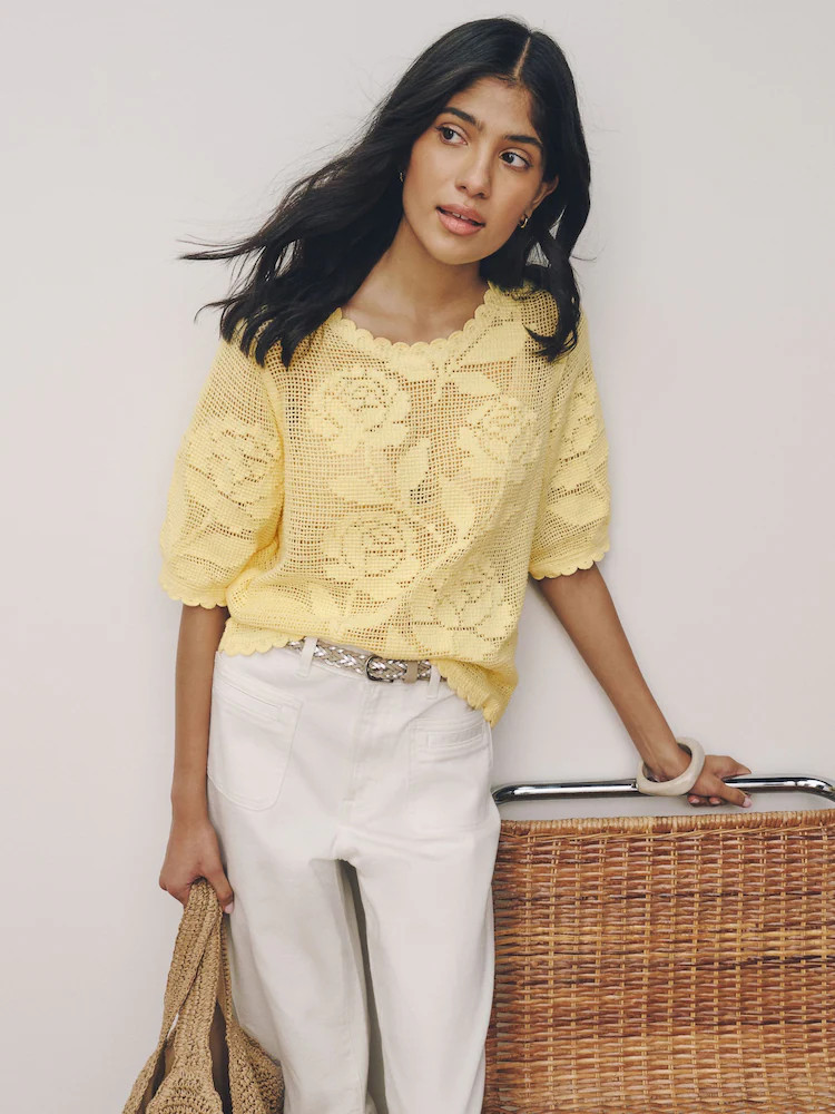 Light Yellow Floral Crochet Short Sleeve Crew Neck T-Shirt | Next EU