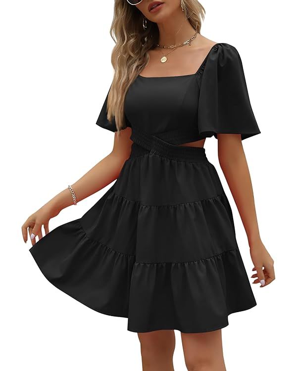 LILLUSORY Womens 2024 Summer Cutout Mini Dresses Short Sleeve Square Neck Crossover Waist Dress | Amazon (US)