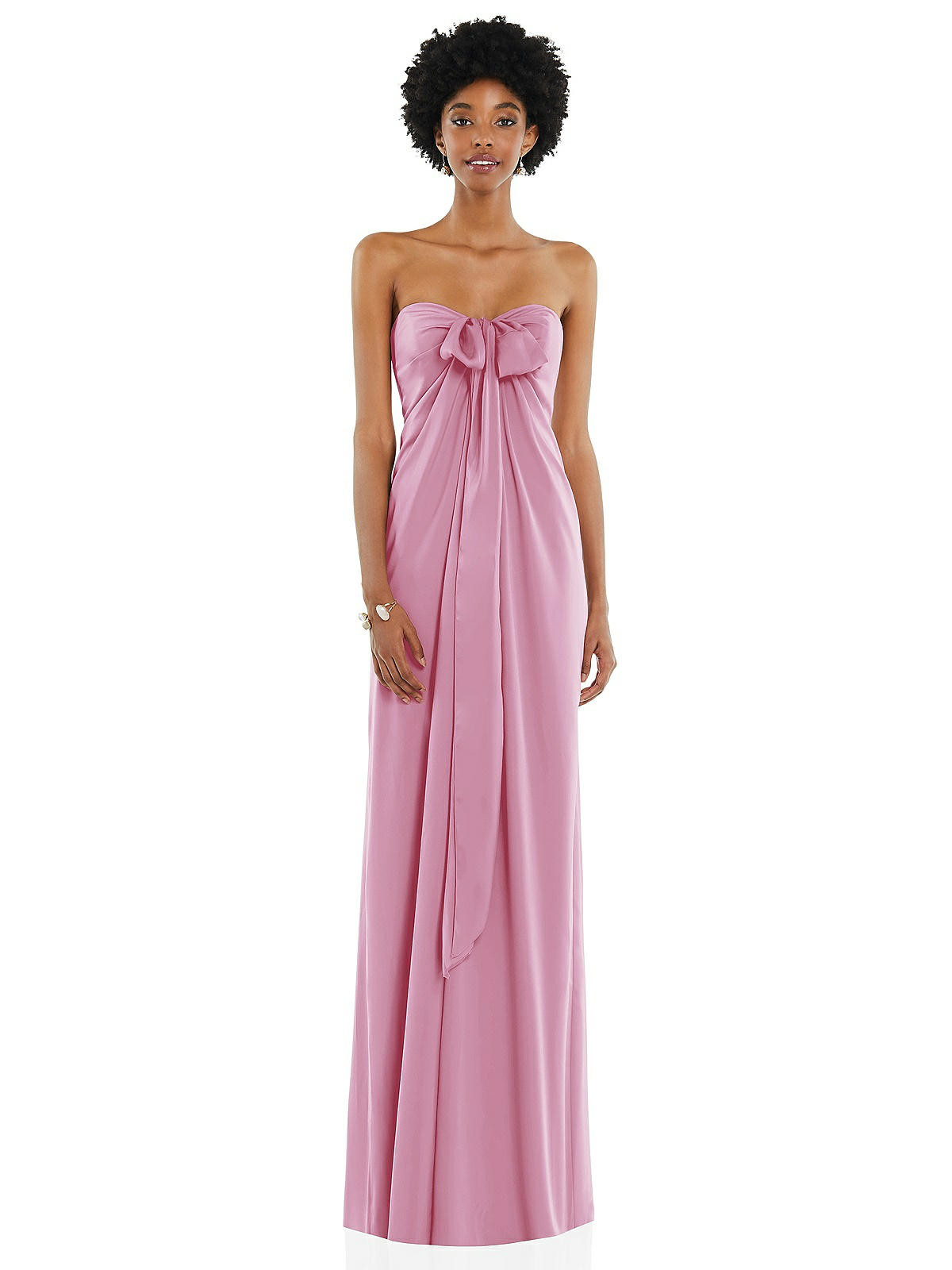 Draped Satin Grecian Column Gown with Convertible Straps in Powder Pink | The Dessy Group