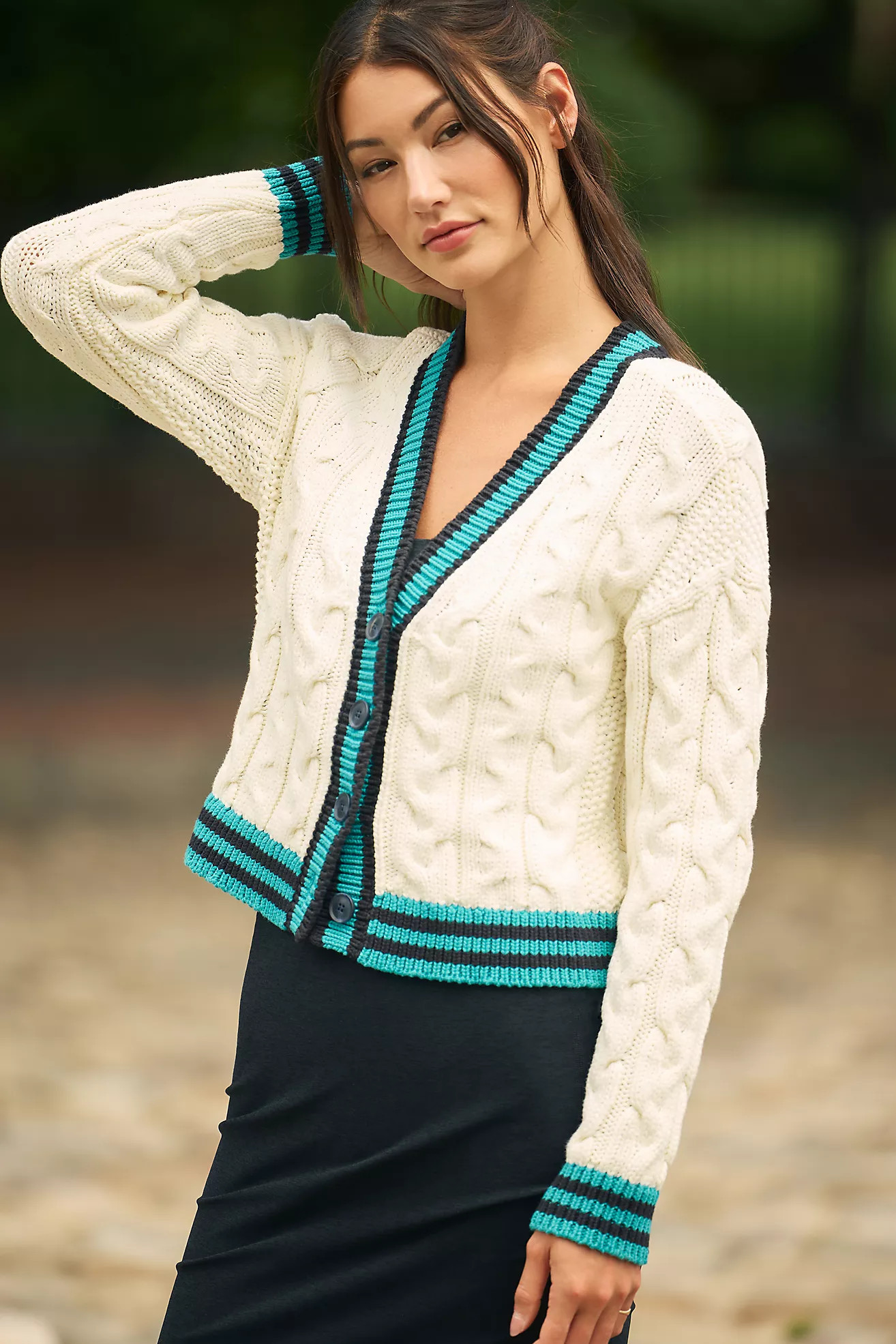 Maeve Varsity Cable-Knit Cardigan Sweater | Anthropologie (US)