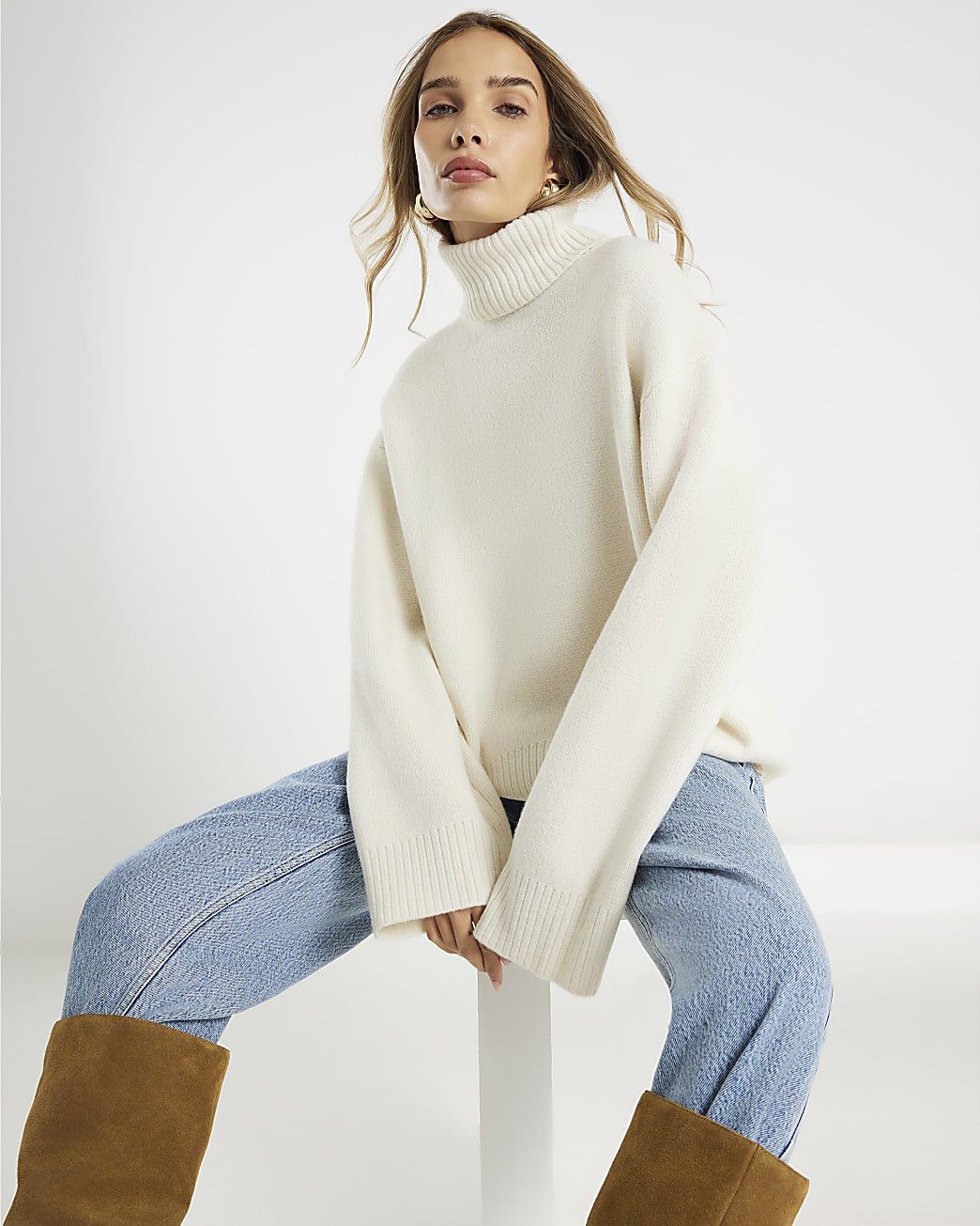 Cream Premium Wool Roll Neck Jumper | River Island UK & IE