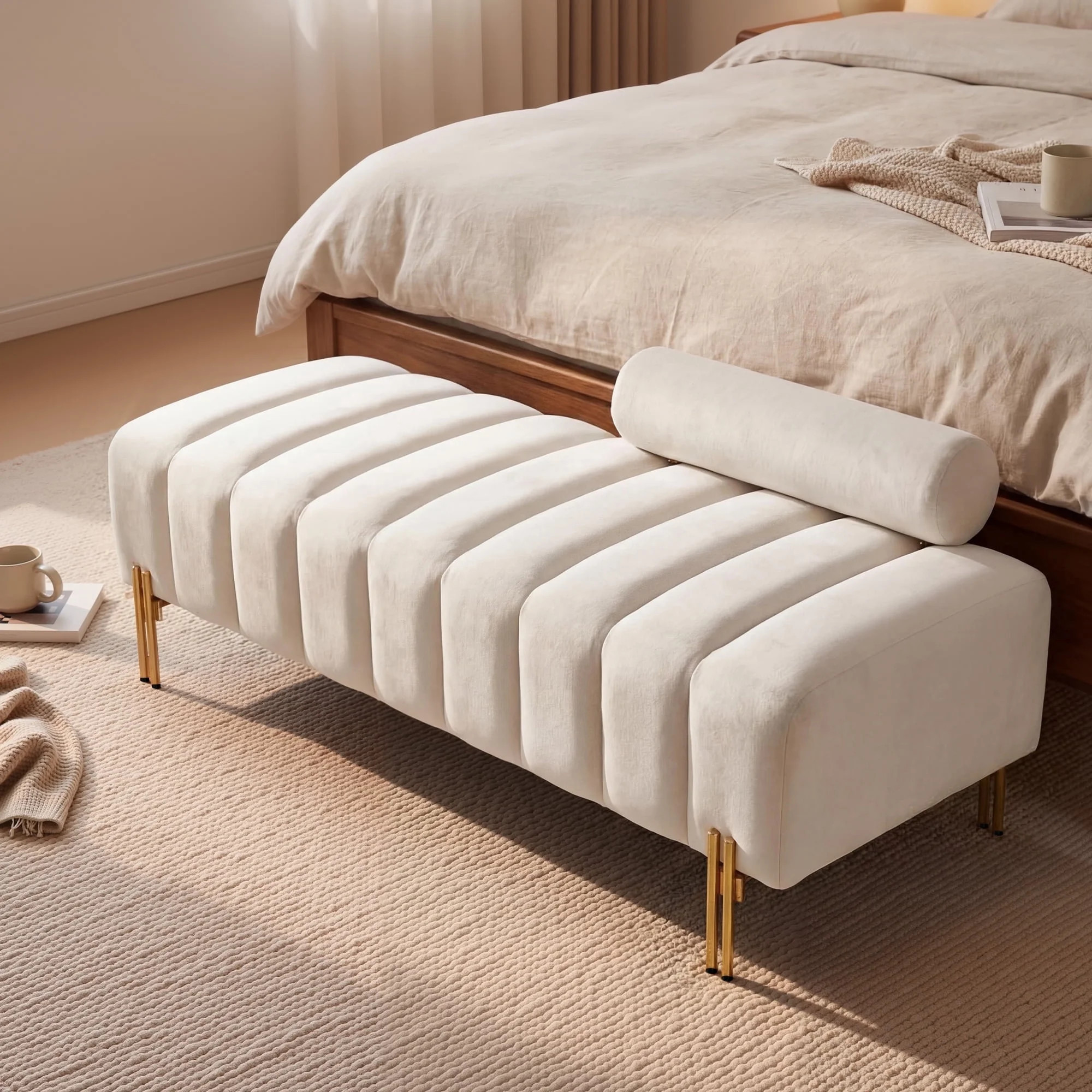 Wiilayok 52" Upholstered Velvet Ottoman Bench,End of Bed Bench with Gold Legs,Tufted Long Bench f... | Walmart (US)