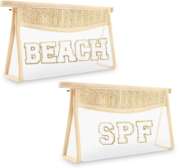 2Pcs Boho Patch SPF Bag Clear Makeup Letter Bag, Waterproof Zipper Make up Bag Toiletry Pouch for... | Amazon (US)