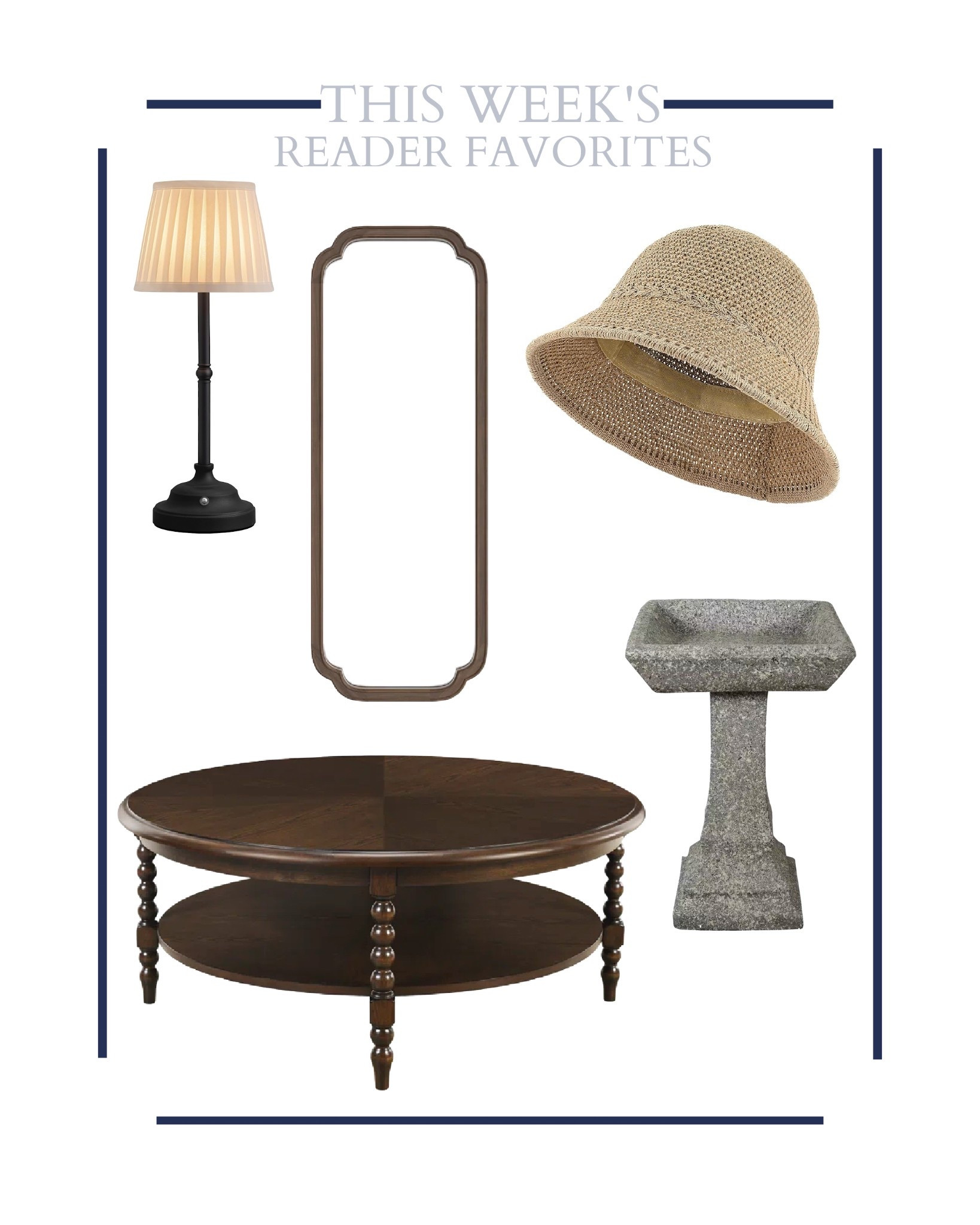 A beautiful modern traditional mirror, the perfect garden hat, a classic bird bath, the cutest cordless lamp, and a truly timeless coffee table.

#LTKHome #LTKFamily #LTKFindsUnder50