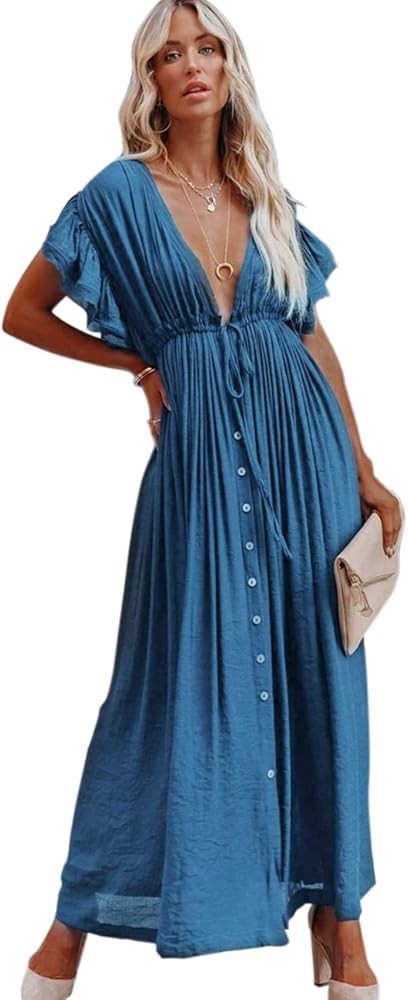 Women's Casual Summer Beach Dress White Ruffle Maxi Dress Button Down Kimono Dress Long White Tun... | Amazon (US)