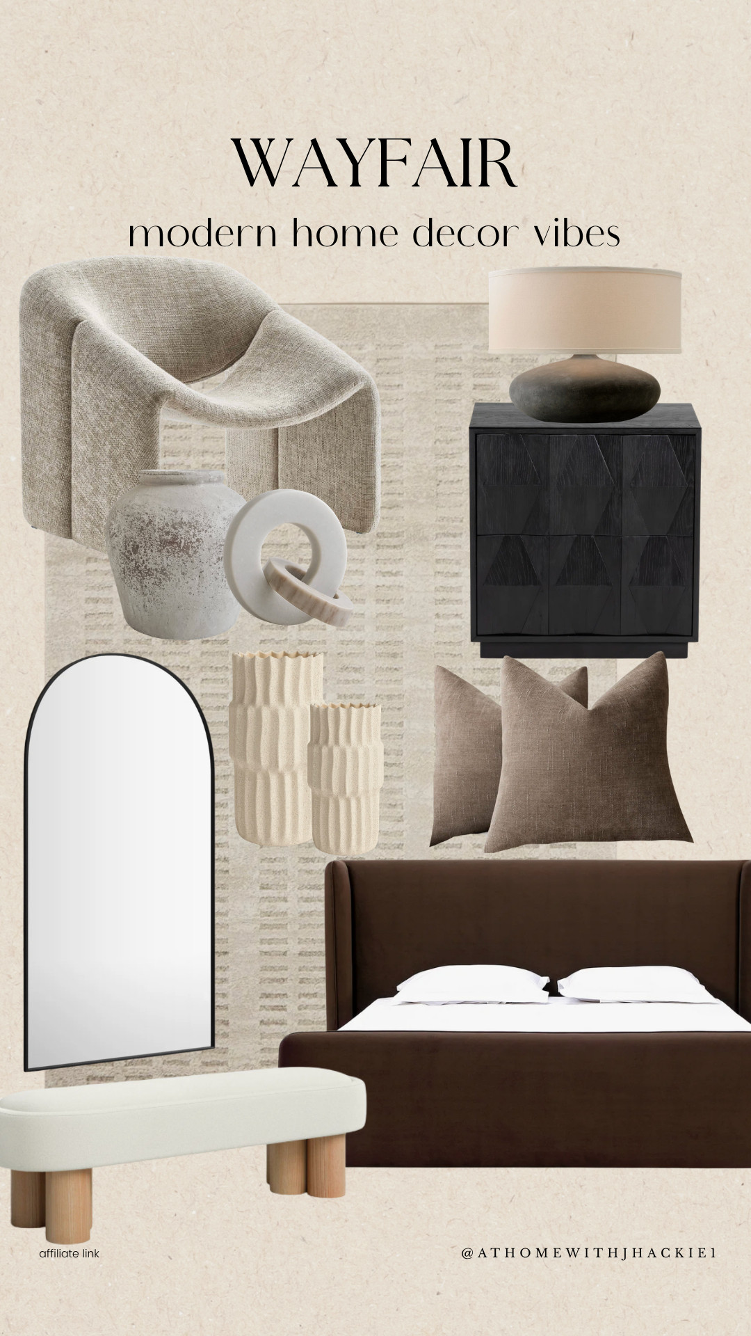 Wayfair Modern Home Decor, Wayfair home decor, Wayfair furniture, modern bedroom, organic modern bedroom, upholstered bed, boucle accent chair, black nightstand, bedroom bench, arched mirror, neutral area rug, textured rug, decorative vases, throw pillows, minimalist decor, modern home styling, luxury bedroom inspiration, neutral home decor, cozy bedroom, designer inspired furniture, contemporary home decor, warm neutral palette, bedroom makeover, home decor inspiration

#LTKHome